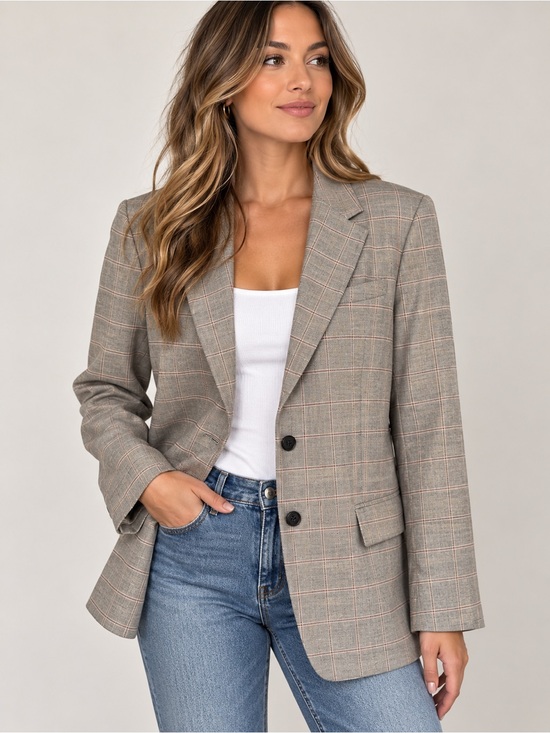 Frame Denim Jackets & Blazers - FRAME Women’s Grandfather Blazer Gray/Taupe/Red Tailored